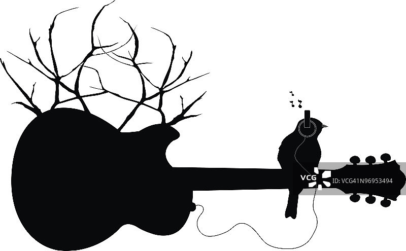 戴着耳机站在自然吉他上的鸟图片素材