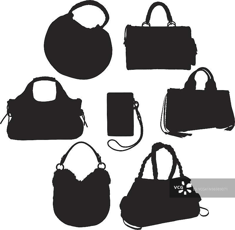 七种不同手提包款式的黑色剪影图片素材