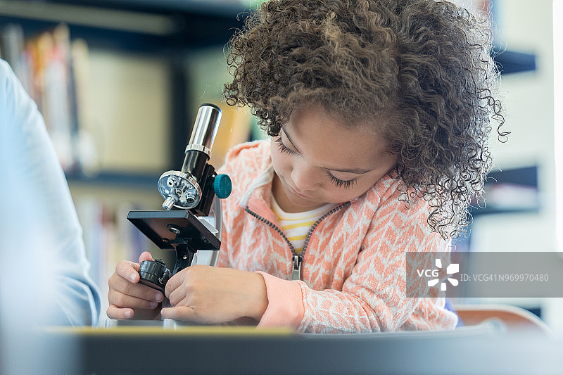 小女孩使用显微镜图片素材