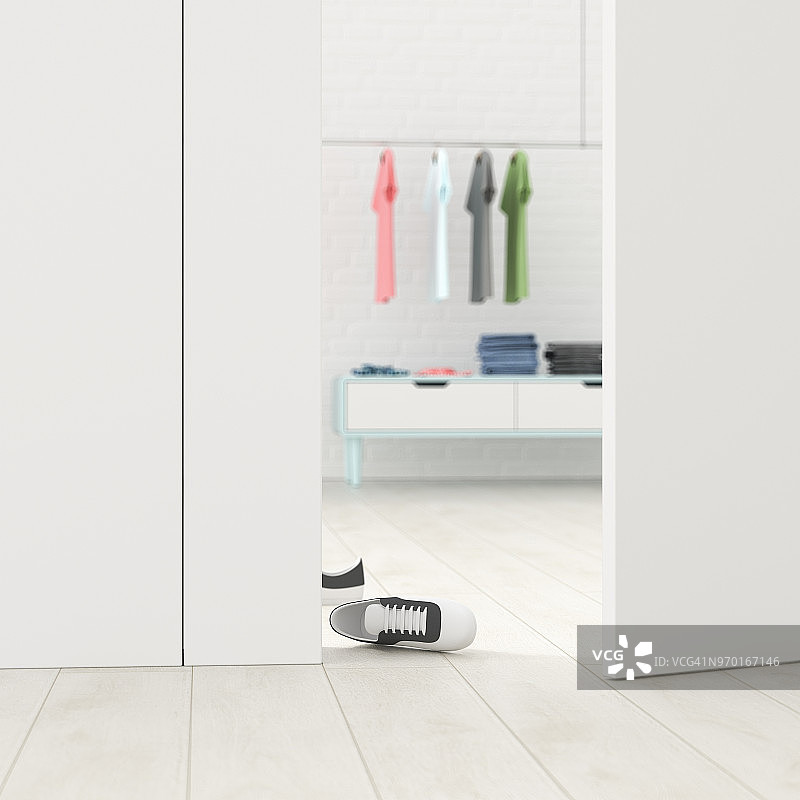 半掩门后的衣帽间3D渲染图片素材