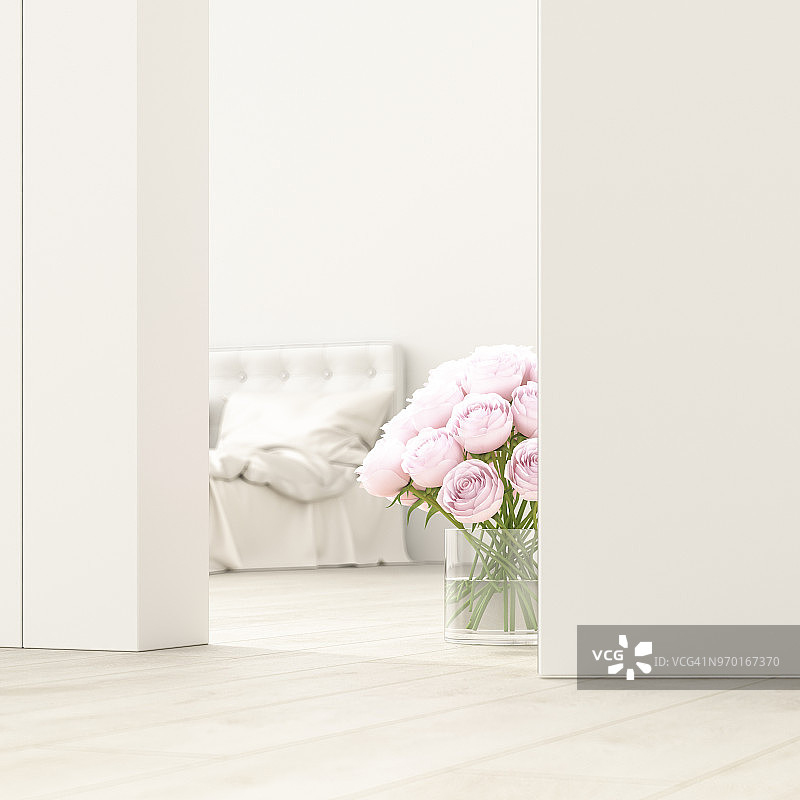 半掩的门后有一束玫瑰花的卧室，3D渲染图片素材
