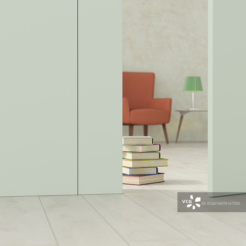 虚掩门后的老式客厅3D渲染图图片素材