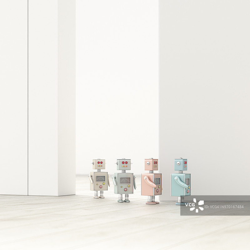机器人在空房间里一字排开3D渲染图片素材