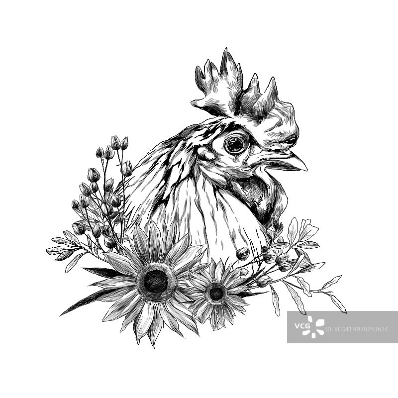 公鸡侧面头像，花环由向日葵叶和底部干草组成图片素材