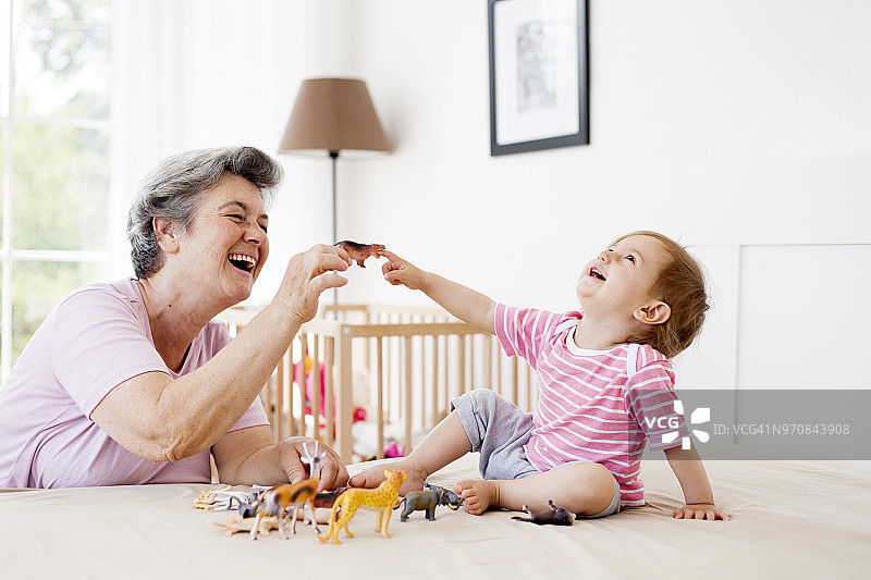 奶奶和女宝宝玩玩具动物图片素材