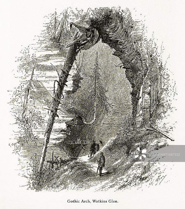 哥特式拱门，沃特金斯峡谷，纽约，美国，美国维多利亚时代雕刻，1872年图片素材