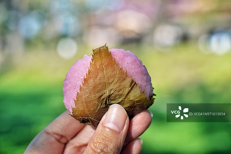 主视角美食：女人手持樱花糯米图片素材