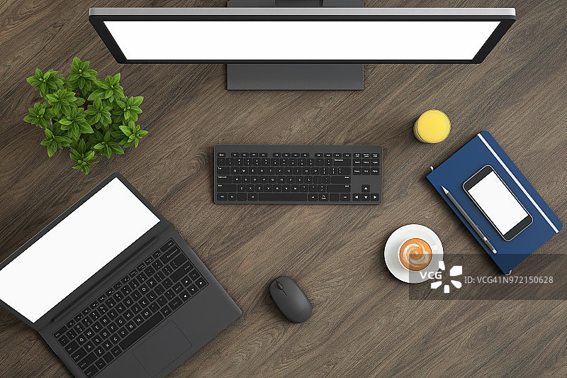 笔记本电脑办公桌俯视图图片素材
