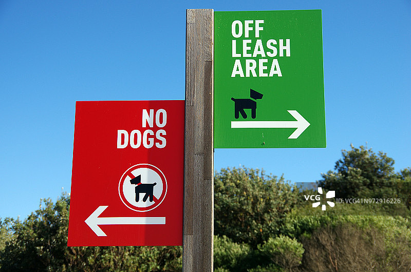 澳大利亚新南威尔士州仙女牧场海滩的“禁止遛狗/非牵引区域”标志图片素材
