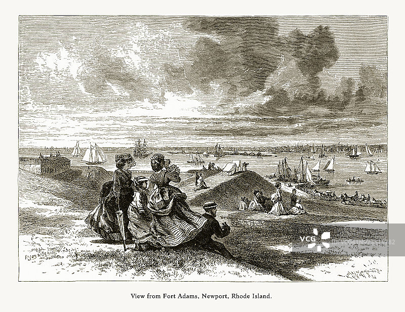 从亚当斯堡观看，纽波特，罗德岛，美国，美国维多利亚时代的版画，1872年图片素材