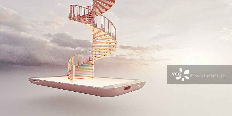 沟通概念：智能手机上的螺旋楼梯图片素材