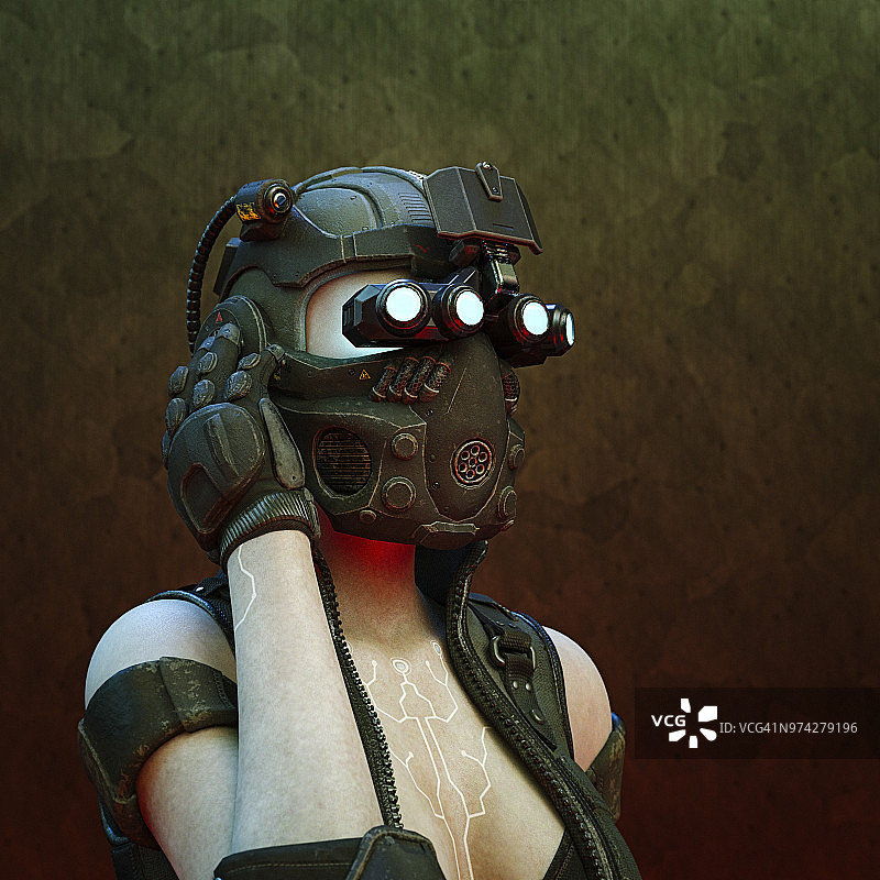 佩戴夜视镜的未来主义女性与互动电路纹身图片素材