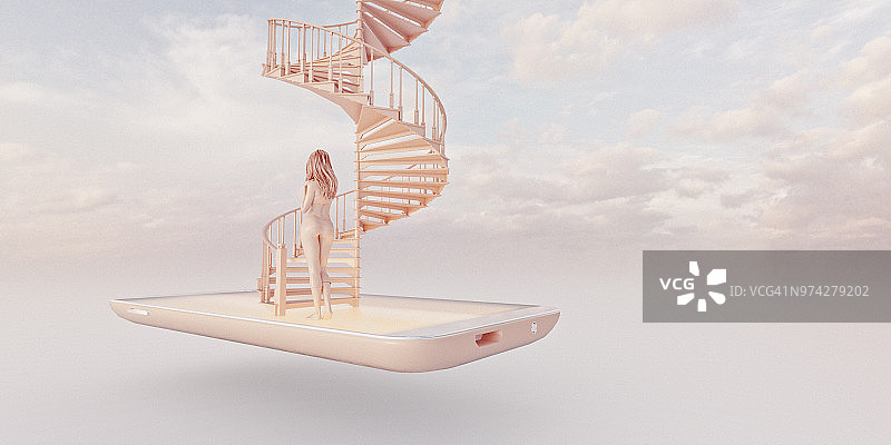 沟通概念：智能手机上的螺旋楼梯图片素材