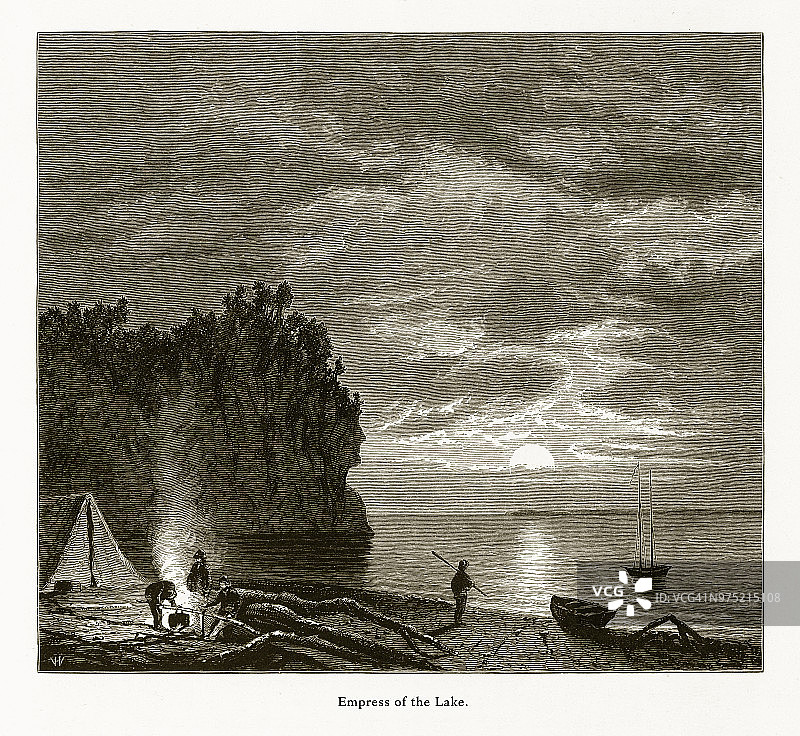 湖之女皇，苏必利尔湖，明尼苏达州，美国维多利亚时代版画，1872年图片素材