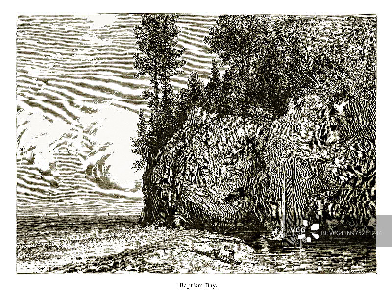 美国明尼苏达州苏必利尔湖的洗礼湾，美国维多利亚时代雕刻，1872年图片素材