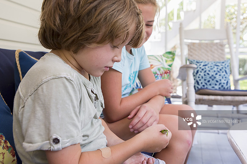 兄弟姐妹拿着一只小蜥蜴图片素材