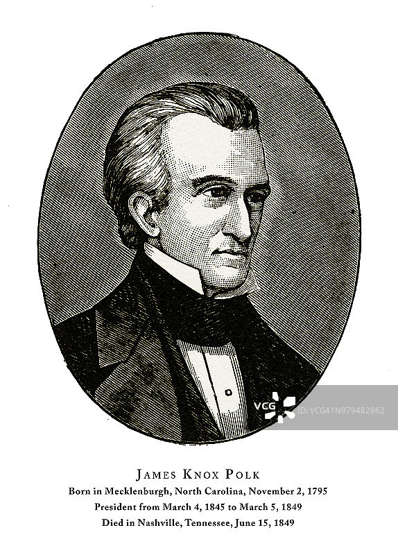 詹姆斯·诺克斯·波尔克总统雕刻画像，1888年图片素材