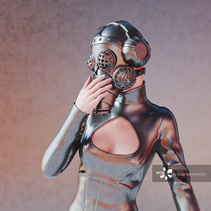 戴着防毒面具和耳机，身穿黑色乳胶服装的女人图片素材