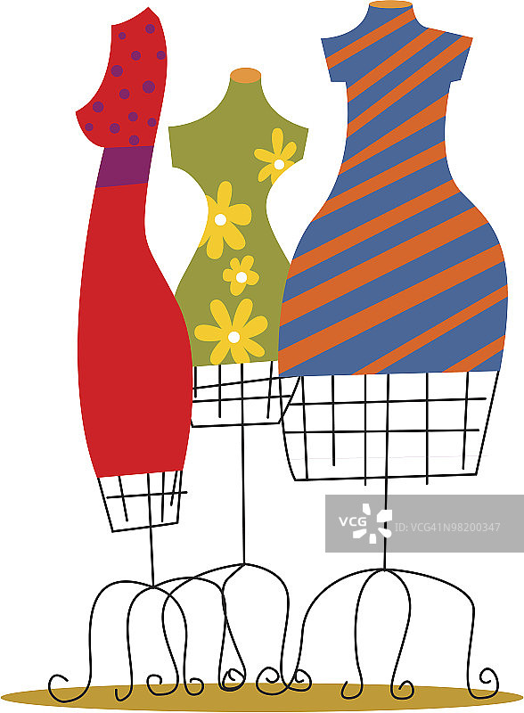 金属服装模型上色彩鲜艳的连衣裙插画图片素材