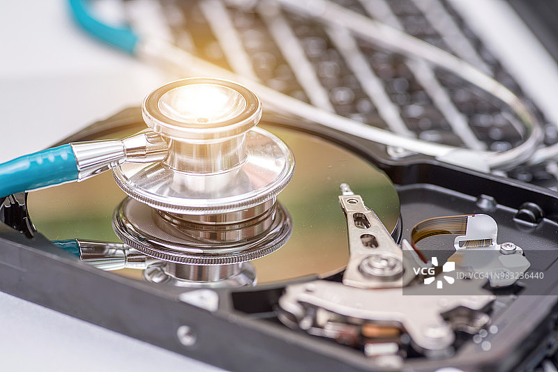 硬盘驱动器内部，数据安全概念图片素材