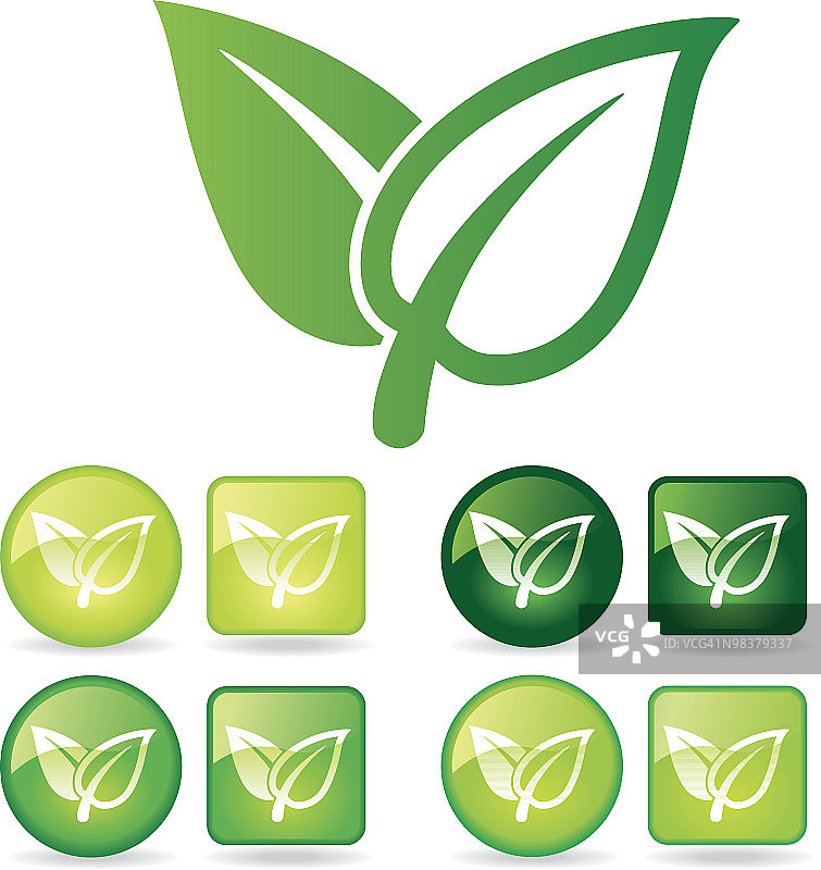 被八个绿色叶子图标包围的最大绿色叶子图标图片素材