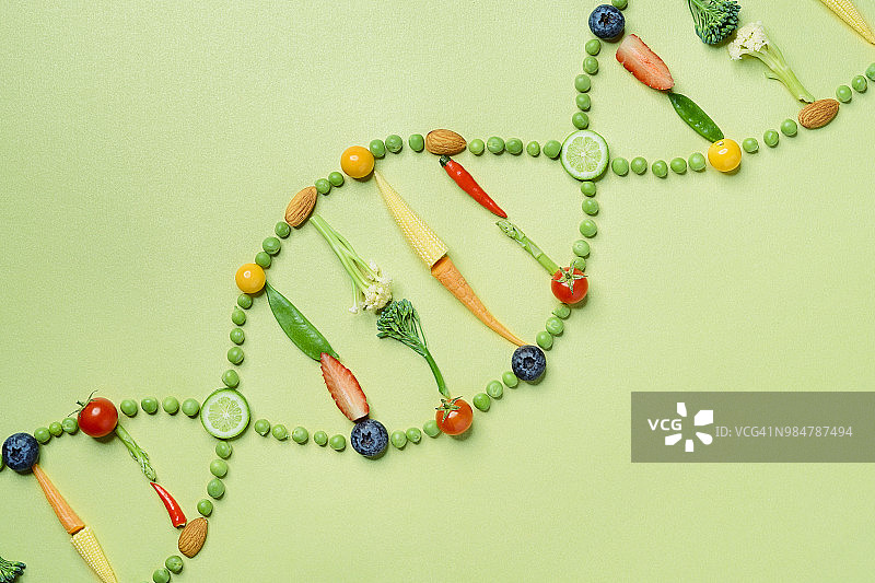 绿色背景上的食物排列成DNA形状图片素材