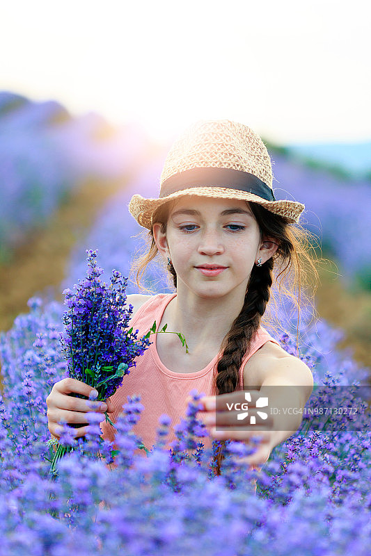 薰衣草田里的漂亮女孩图片素材