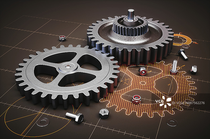 橙色齿轮结构图上的螺栓和螺母图片素材