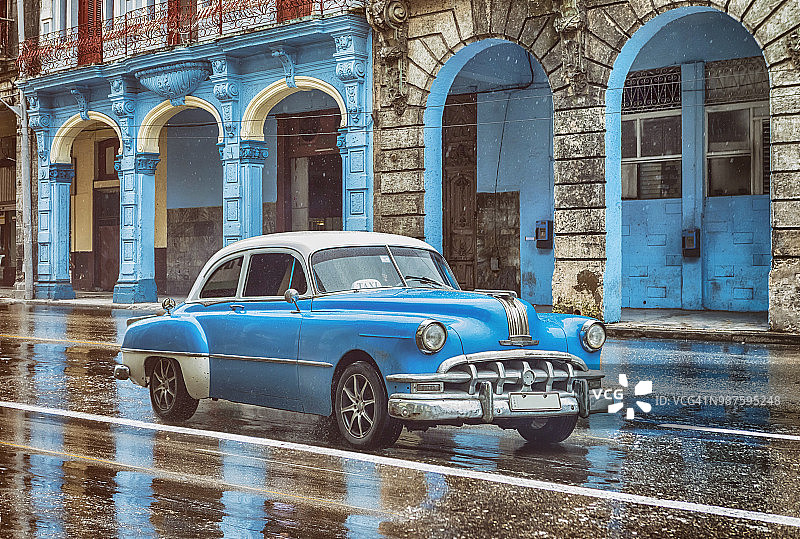 古巴哈瓦那老城区中的蓝色经典老爷车图片素材