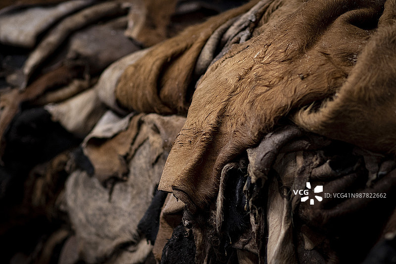 皮革厂待加工的堆叠牛皮图片素材