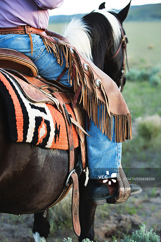 戴着护腿的牛仔坐在花马图片素材