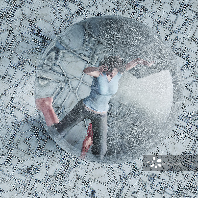女子被困在划痕玻璃圆顶中向后倒下的航拍，背景为电路图案图片素材