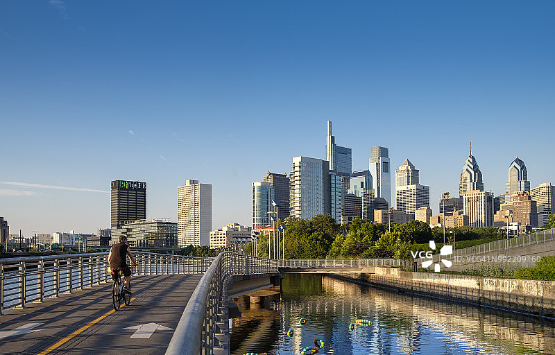斯库尔基尔河滨木板路，骑自行车的人和日落时分的费城天际线图片素材
