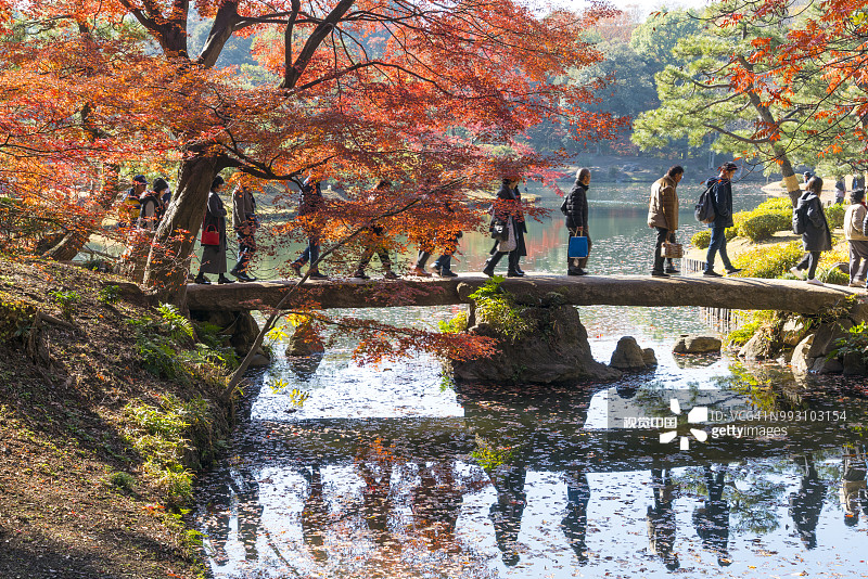 人们在2017年12月3日 crossing 渡月桥，秋叶树木环绕着日本传统庭园图片素材