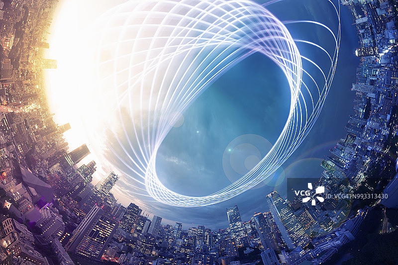 星球造型全景城市夜幕光轨图片素材