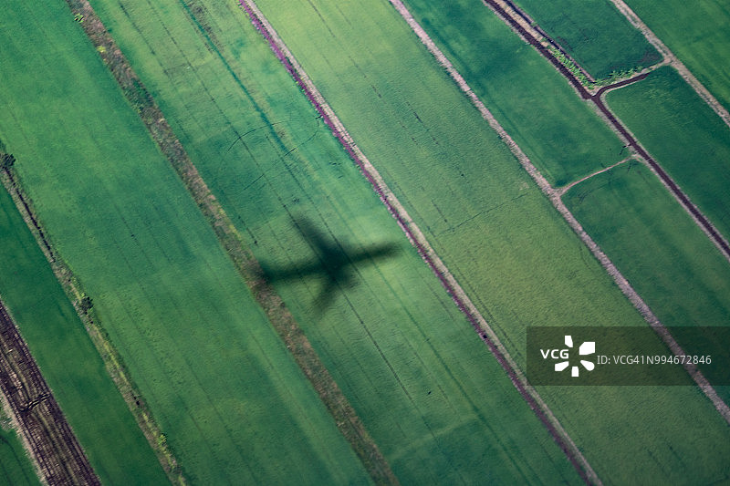 泰国曼谷，飞机掠过田野和稻田图片素材