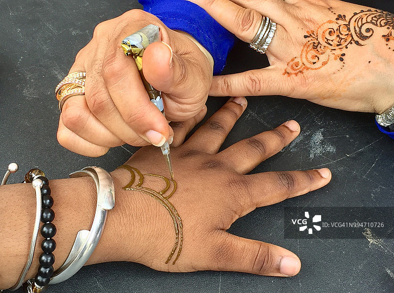 手牵手：在年轻女性的手腕皮肤上涂上海娜设计图片素材