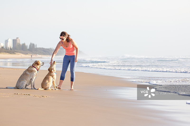 女人让狗坐下图片素材