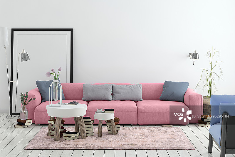 现代北欧客厅内饰有沙发和许多细节图片素材