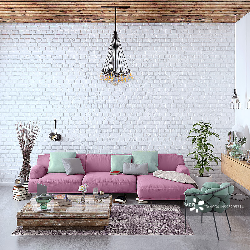 现代北欧客厅内饰有沙发和许多细节图片素材