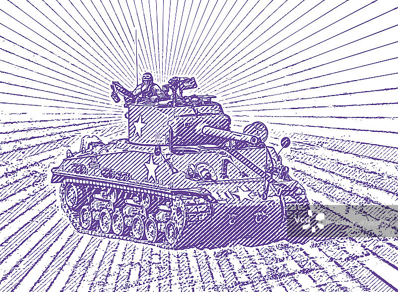 二战装甲坦克战斗场景的复古风格插画图片素材