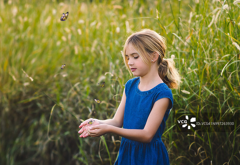 夏日女孩与蝴蝶图片素材