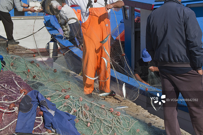 渔夫从刺网中取鱼图片素材