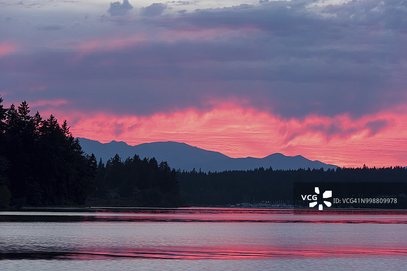 美国华盛顿州普吉特海湾奥林匹克山脉的日落图片素材