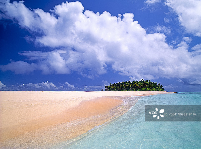 斐济北部塔韦乌尼索莫索莫海峡纳努卡岛的蓝绿色海水、海滩和棕榈树图片素材