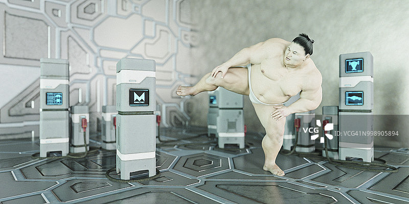 未来房间中摆姿势的相扑摔跤手图片素材