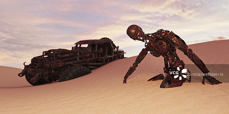 沙漠沙丘中掩埋的生锈机器人骨架和生锈的汽车背景图片素材