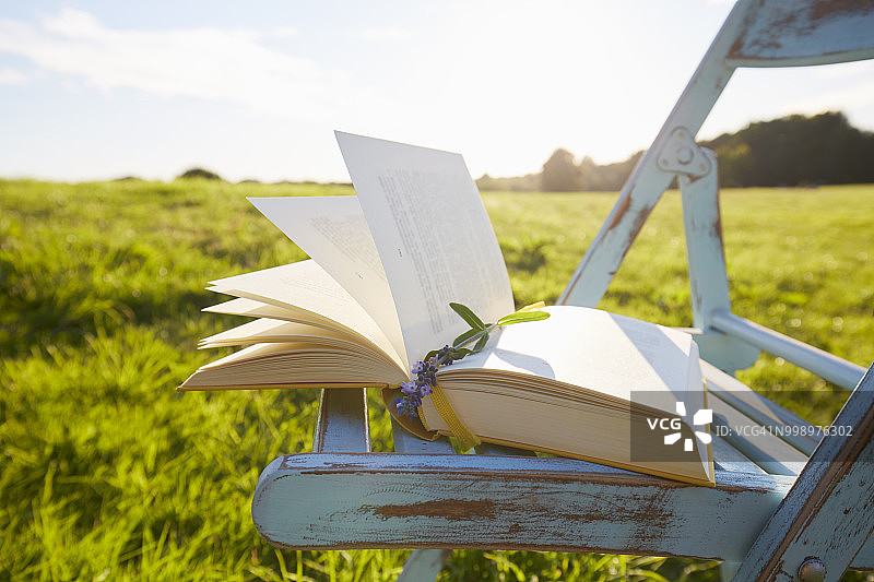 草地上打开的书和椅子静物图片素材
