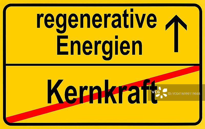 以城镇标志形式出现的象征图片，德语，退出核电，进入再生能源图片素材