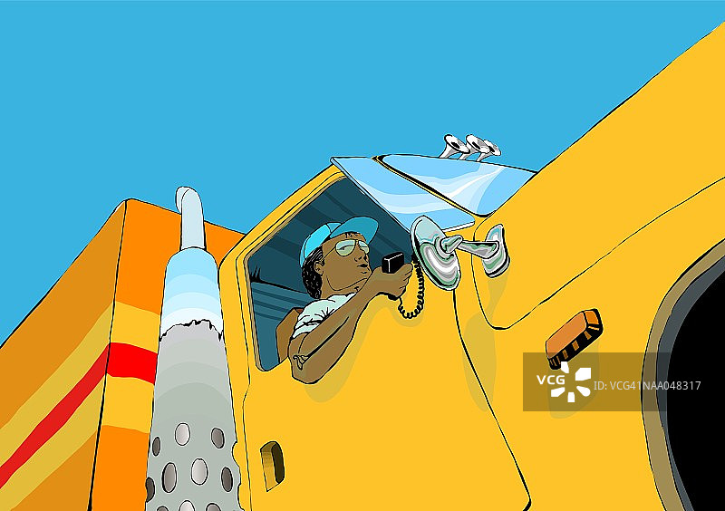 卡车司机用市民波段无线电交谈，低角度视角图片素材